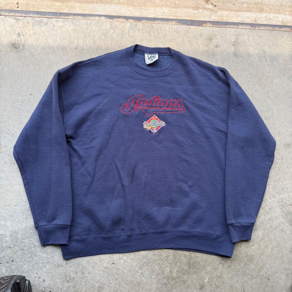Vintage Lee Sport‎ Cleveland Guardians 1997 World Series Sweatshirt Navy 2XL USA
